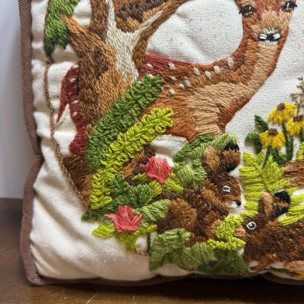 Vtg 70s Sunset Crewel Woodland Animal Throw Pillow Brown Corduroy Back Owl Fawn
